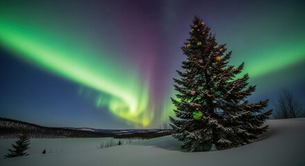 Festive Christmas tree silhouetted against vibrant aurora borealis dancing across a snowy winter landscape under a starry night.