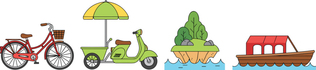 Whimsical illustrations of bicycle, scooter cart, floating island, and boat with canopy showcasing travel and nature exploration themes