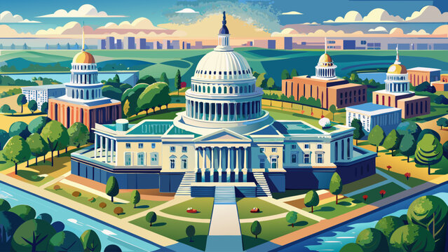 Very beautiful aerial view of the United States Capitol showcasing its iconic dome and surrounding landmarks on a clear day, balanced composition, crisp details, and elegant vector illustration.