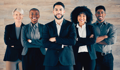 Employee, people and happy with arms crossed in portrait for teamwork or collaboration in office as accountant. Diversity, business and smile in workplace as leadership, management and partnership