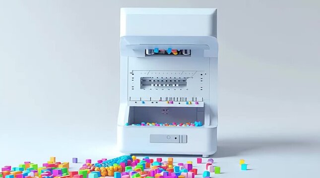 An innovative white machine generates a vibrant DNA-like helix and colorful geometric blocks, representing modern technology, creativity, and development on a clean background.