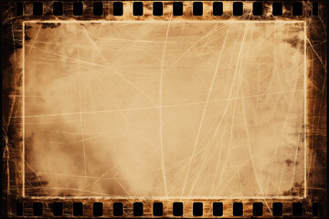 Heavily distressed vintage 35mm film frame background in warm sepia tones, scratched and worn texture with sprocket holes, blank center copy space for photo overlay, retro cinema template, grunge bord