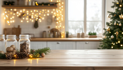 Wooden kitchen countertop in modern bright interior with blurred background