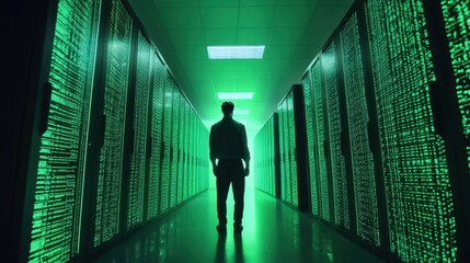 Man standing in a modern server room illuminated with vibrant green lights creates a futuristic