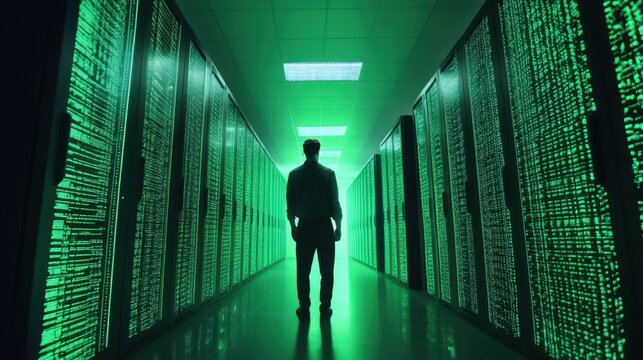 Man standing in a modern server room illuminated with vibrant green lights creates a futuristic - Powered by Adobe