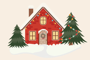 Naklejka premium Red Christmas House with garlande. Christmas tree.