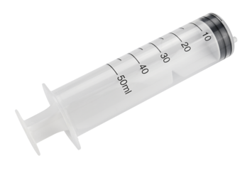 Large disposable syringe for injection isolated on a transparent background. Completely in focus. Full depth of field. PNG.