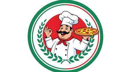Italian chef holding a fresh pizza and making an OK hand gesture, perfect for restaurant promotions, food advertising, and marketing visuals.
