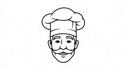 Minimalist line-art illustration of a smiling Italian chef face with moustache and toque, ideal for restaurant branding, logos, menus, and signage.