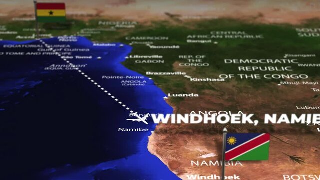 Flight From Accra GHANA to Windhoek NAMIBIA with flag pins