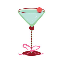 Cocktail glass vector illustration. Martini glass with alcoholic drink, cherry garnish, ribbon bow isolated on white background. Holiday drinkware for party, Christmas, celebration in flat style