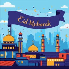 Eid Mubarak Celebration with Mosque and Skyline Illustration.