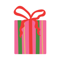 Cute gift box vector illustration. Pink present with stripes and ribbon bow isolated on white background. Festive design for Christmas, birthday celebration, kids party in flat hand drawn style