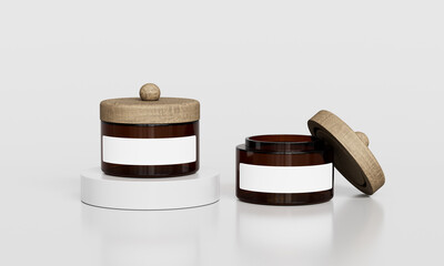나무 뚜껑과 빈 라벨이 있는 유리병 목업 Glass Jar with Wooden Lid and Blank Label Mock up