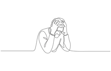 Continuous one line Drawing of a person holding their head in distress, single line vector illustration, isolated on transparent background.