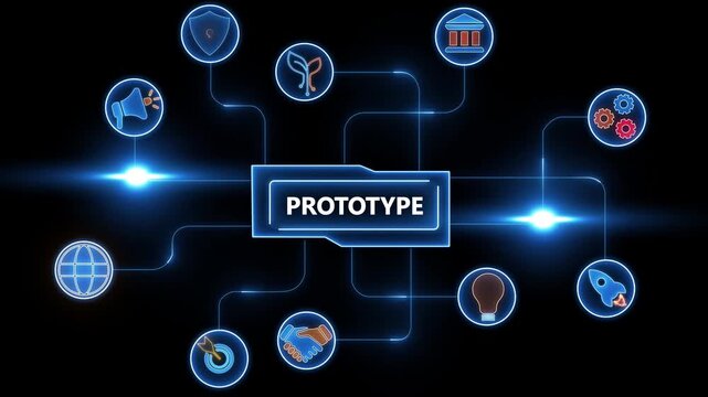 Digital prototype diagram with glowing icons and central text on black background model sample