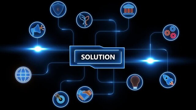 Digital solution diagram with glowing icons and central text on black background answer resolution