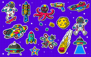 Set of colorful space and astronaut sticker art vector illustration