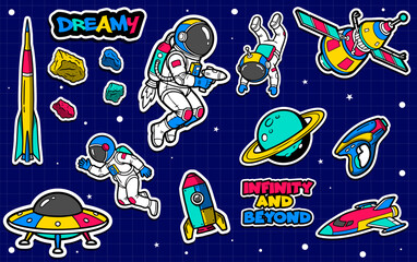 Set of colorful space and astronaut sticker art vector illustration