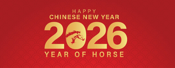 2026, New Year celebration. 2026 Chinese New Year gold Elements horse silhouette, lanterns and golden 2026 text. Year of Horse celebration.