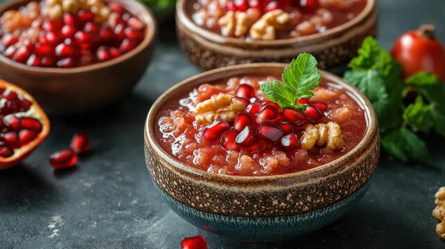 Traditional Turkish mixed dessert Ashura (Noah's Pudding) garnished with walnuts and pomegranate seeds, presented on a rustic plate with copy space