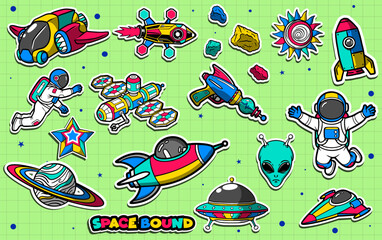 Set of colorful space and astronaut sticker art vector illustration
