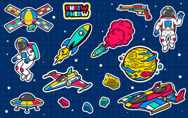 Set of colorful space and astronaut sticker art vector illustration