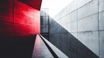 Fototapeta premium Stark Concrete Geometry Red Wall Shadow Play and Modern Architecture.