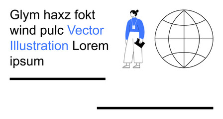 Education, global networks, workspace design, communication, digital tools, diversity. Abstract globe with lines, woman holding a document. Education and global networks concept