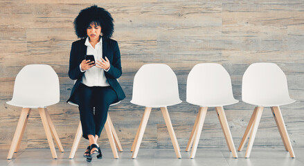 Business, woman or chairs with phone at interview in office for recruitment, job opportunity or waiting room. Hiring, candidate or stress with smartphone for onboarding appointment with mockup banner
