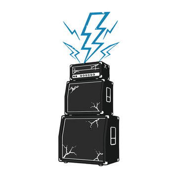 Stack of guitar amplifiers with blue lightning bolt rock music gear vector illustration
