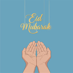 Eid Mubarak illustration with praying hands on a blue background.