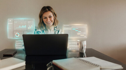 Woman Using AI Productivity Dashboard at Home Office