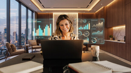 Executive Woman Analyzing Financial Performance Dashboard