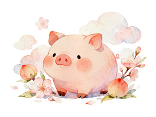 Cute Pig with Blossom: A cheerful, round piglet, set against a backdrop of soft clouds and blooming peach flowers, embodies the freshness of spring.
