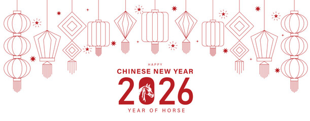 2026, New Year celebration. 2026 Chinese New Year gold Elements horse silhouette, lanterns and golden 2026 text. Year of Horse celebration.