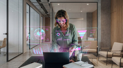 Marketing Analyst Woman Reviewing Campaign Metrics Augmented Interface