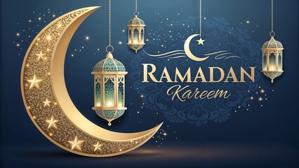Golden Crescent Moon and Lanterns with Ramadan Kareem Text on Blue Background for Islamic Festive Design