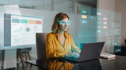 SaaS Data Analyst Woman Managing Interactive Business Dashboards