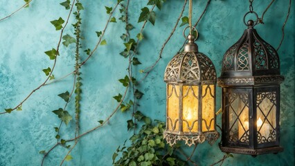 Obraz premium Ornate Hanging Lanterns with Ivy Vines on Turquoise Wall for Elegant Home Decor and Islamic Festive Design