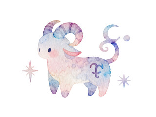 Aries Zodiac Symbol: A whimsical Aries zodiac sign in charming watercolor. The artwork is centered on a serene background, adorned with stars and celestial elements.
