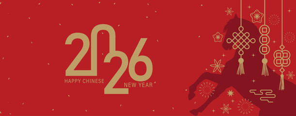 2026, New Year celebration. 2026 Chinese New Year gold Elements horse silhouette, lanterns and golden 2026 text. Year of Horse celebration.