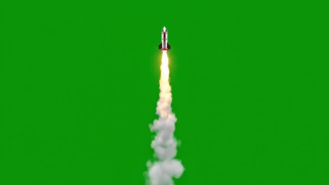 Realistic silver space rocket launch 3D animation isolated on green screen. Missile or spaceship taking off with fire trail. Space exploration and military technology concept.

