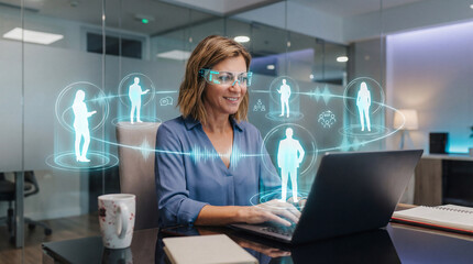 Professional Woman Leading Augmented Reality Virtual Team Collaboration