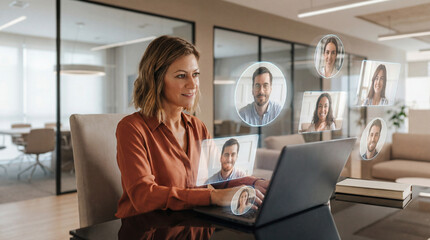 Businesswoman Leading Virtual Team Collaboration in Modern Office