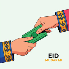Eid Mubarak Zakat Illustration Hands Exchanging Green Currency.