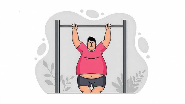 Overweight Man Struggling with Pull-Ups - 2D Flat Vector Fitness Animation