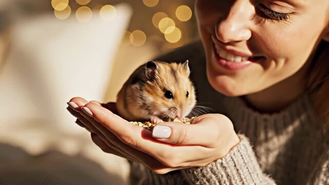 Woman holding a small hamster in her hands feeding it with grain, pet owner interacting with animal at home