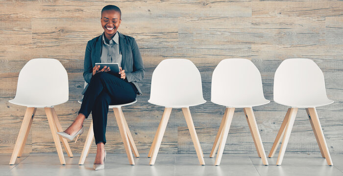Business, woman and chairs with tablet at interview in office for recruitment, job opportunity and waiting room. Hiring, black candidate and digital tech for onboarding appointment with mockup banner