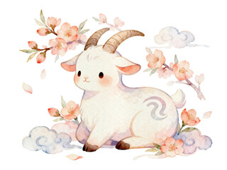 Artistic Goat Amidst Blossoms: A charming depiction of a goat, encircled by delicate cherry blossoms and fluffy clouds, exudes a sense of peace and tranquility.